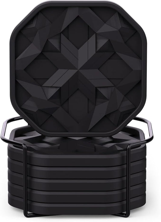 UMIRRO Silicone Cup Coasters for Drinks with Holder, Modern Home Bar or Kitchen Essentials, Black House Decor Gifts, Small Unique Birthday Gift Ideas for Men, Dad, Him, Women, Mom, Her, 4", Set of 6