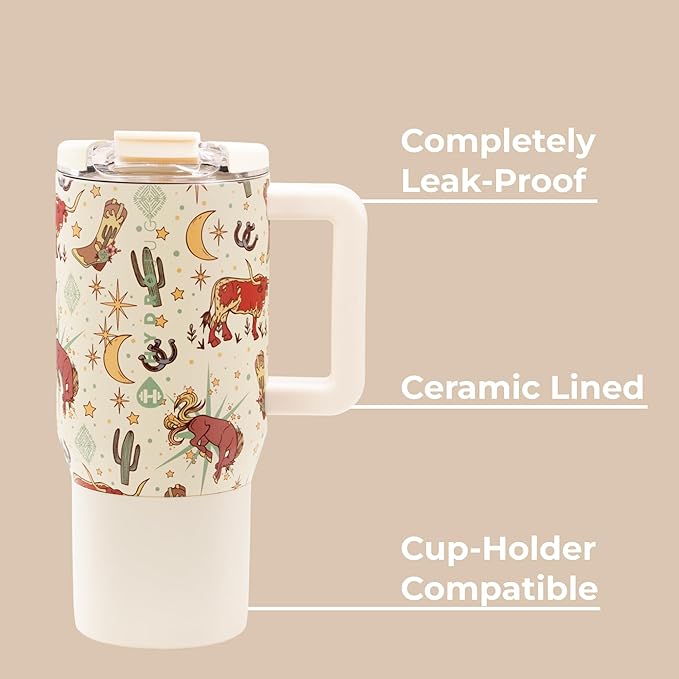 HydroJug Coffee Traveler 20 oz - Leak-Resistant, Ceramic-Lined Insulated Travel Coffee Mug for Hot or Cold Drinks with Flip Lid & Handle, Dishwasher Safe Coffee Tumbler, Rodeo