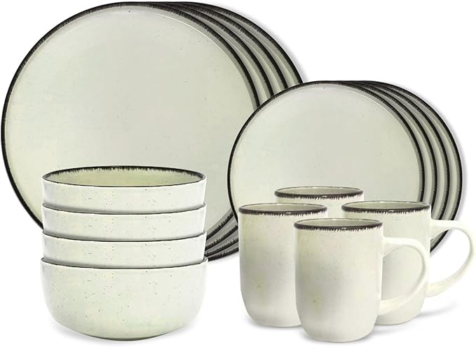 Gusto Buono 16-Piece Nordic Stoneware Dinnerware Set – Green Pistachio w/Antique Border | 4 Each of Bowls (5.5"), Salad Plates (7.5"), Dinner Plates (10.5"), and Mugs (12oz)|For All Occasions