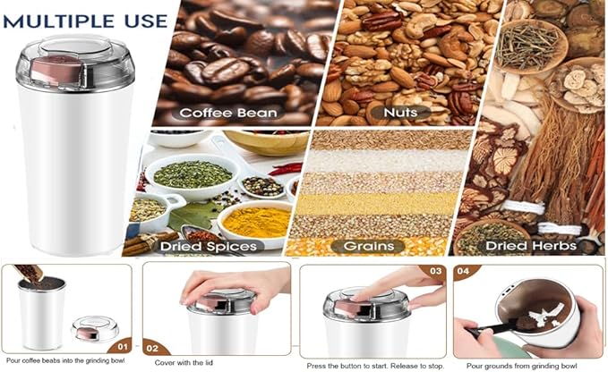 Electric Herb Grinder 200W Powerful Fast Grinding for Dry Spices Flower Buds with Brush, Easy On/Off One-Touch Push Button Powder Grinder Perfect For Herbs, Spices, Nuts, Grains and Coffee Beans