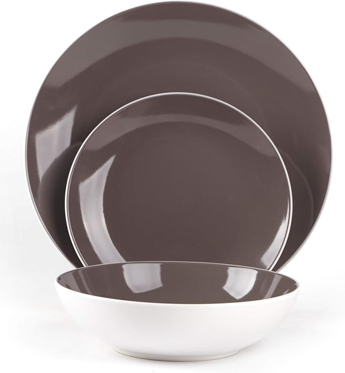 Stoneware Coupe Shape 18pc Dinnerware Set, Outside White + Inside Taupe