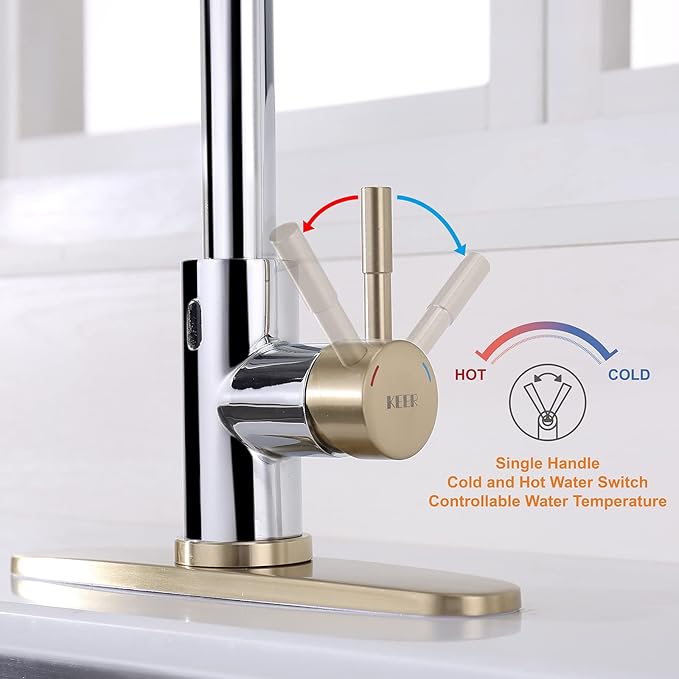 Touchless Kitchen Faucet with Pull Down Sprayer, Motion Sensor Kitchen Faucet with Soap Dispenser, Single Handle High Arc Pull Out Faucet for Kitchen Sink RV Kitchen, Gold and Polished Chrome