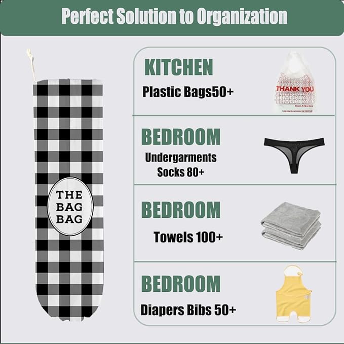 Black and White Checkered Plastic Bag Holder, Wall Mount Grocery Bag Holder for Plastic Bags, Reusable Washable Grocery Bags Storage Dispenser for Home Kitchen Pantry Decor, Vintage Gifts for Women