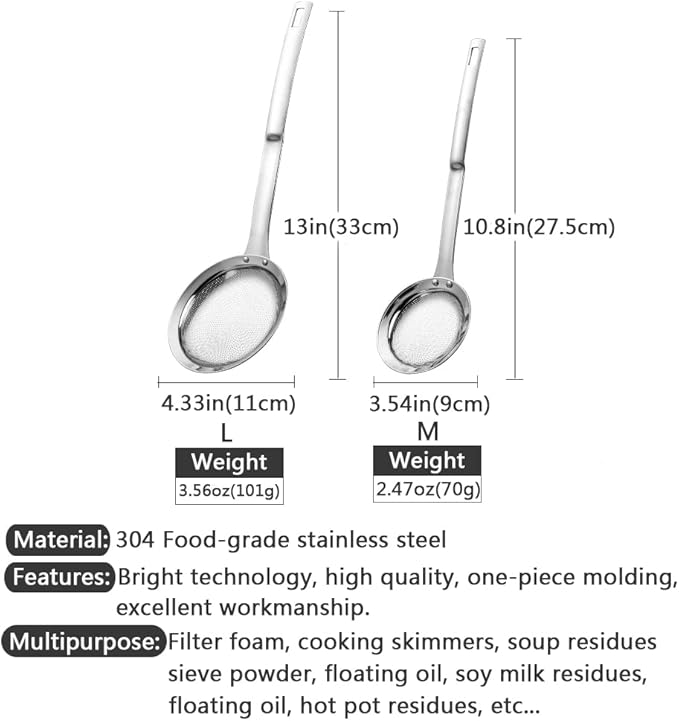 Kitchen Skimmer Strainers Stainless Steel Mesh Colanders Food Strainers Set Fine Mesh Sieve With Handle Slotted Spoon Handheld Fry Oil Filter For Cooking Vegetable Strainer Foam Hot Pot 2Pack