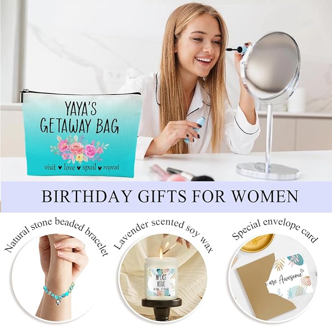 Yaya Grandma Gifts,Grandma Birthday Gifts, Funny Christmas Appreciation Thank You Gift for Women Grandmother Nana Mimi Mothers Day Wine Tumbler Makeup Bag Bracelet Scented Candle Set with Gift Box