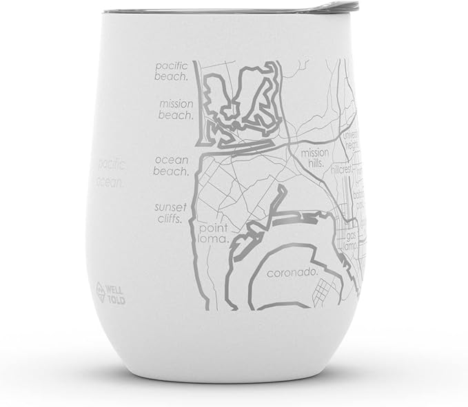 Well Told Engraved San Diego California Map Insulated Wine Tumbler, Etched Stainless Steel Wine Tumbler (12 oz, White) City Map Insulated Tumbler, Custom Insulated Tumbler, Outdoor Drinkware