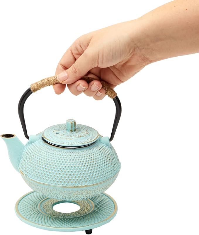 Juvale Cast Iron Tea Kettle with Infuser - Green, 18 oz/500 ml, 3-Piece Set - Teapot for Brewing Loose Leaf Tea - Stovetop Safe Tetsubin Set with Trivet