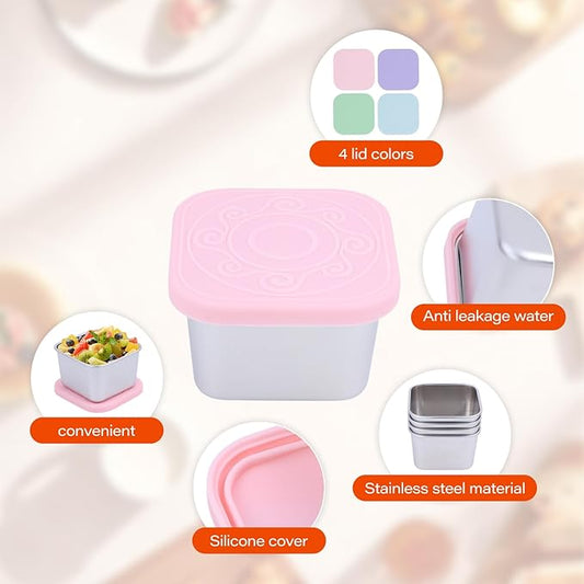 4 Pack Stainless Steel Snack Containers, 6oz Snack Box with Silicone Lids,Stackable Portable Small Food Storage Container for Picnic,Travel,School,Office,and Daycare