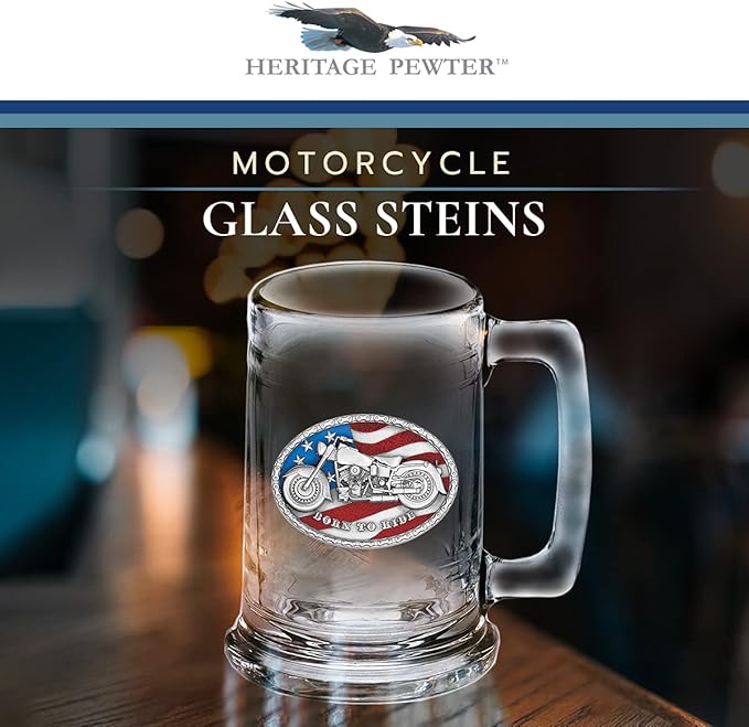 Heritage Pewter Motorcycle Beer Stein Glass | 15 Ounce German-Style Beer Glass | Intricately Crafted Metal Pewter Inlay