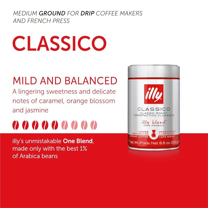 Illy Ground Drip Coffee - Classico Medium Roast - Mild & Balanced - 100% Arabica - Pre-Ground for Drip Pour Over - Pressurized Packaging Sealed for Freshness - 8.8oz (Pack of 6)