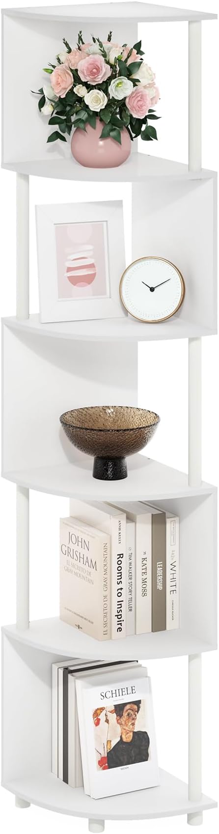 Furinno ECON Corner Shelf, 5-Tier Corner Book Shelf, Zigzag Storage Shelves, Display Rack, Bookshelf, for Organization and Storage, Living Room, Home Office, White