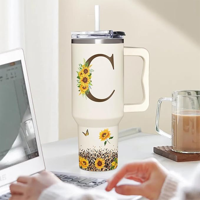 Personalized Birthday Gifts For Women - Sunflowers Monogrammed Cup For Boss Day, Christmas - Customized Gifts For Women, Mom, Wife, Coworkers, Boss Lady, Her - Custom Tumbler With Handle 40oz