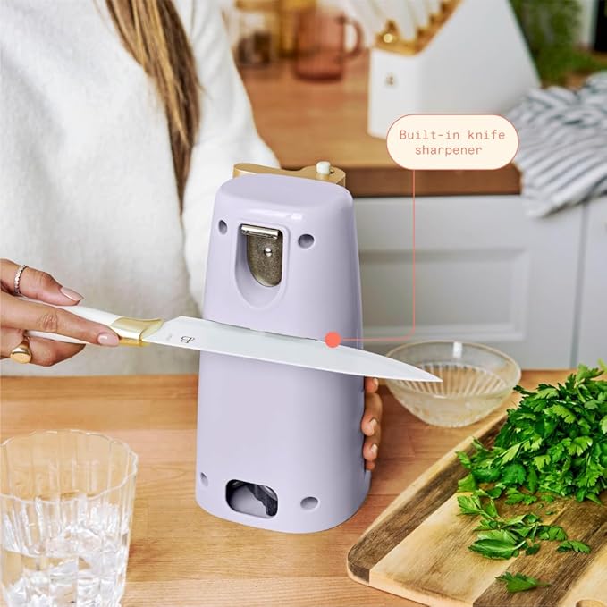 Beautiful Electric Can Opener with Auto-Turn, Magnetic Lid Holder, Knife Sharpener, Bottle Opener, Removable Lever, Cord Storage, No-Tilt Base, Stainless Steel Blade, 70W (Lavender)