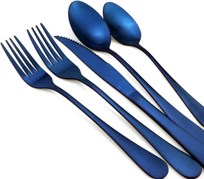 Blue Reusable Utensils with Case Camping Travel Silverware Set,Portable Stainless Steel Cutlery Set - Matte Flatware Set Knife Fork Spoon Mirror Straws Chopsticks - for Office Lunch, Hiking, School