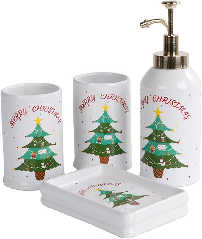 Christmas Bathroom Accessories Set Ceramic Christmas Soap Dispenser with Toothbrush Holder Tumbler Soap Dish for Bathroom Decor Home..