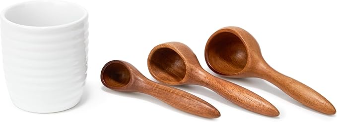 Nambe x Tom Papa Breaking Bread Canister with Utensils - Stoneware Storage Jar with Acacia Wood Measuring Spoons (2, 1, 1/2 tbsp) - Cutlery Container for Baking Ingredients, Baking, Kitchen Decor