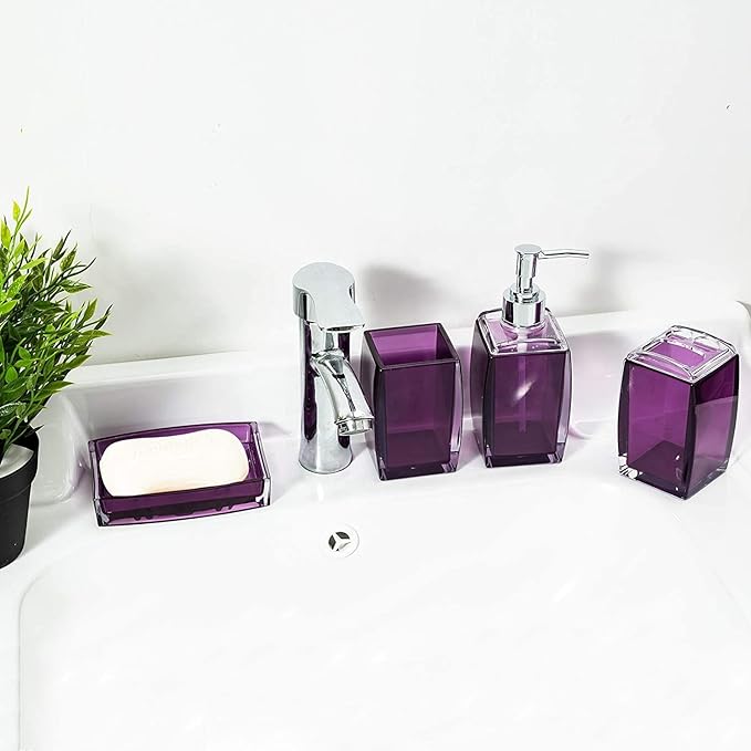 Bathroom Accessories Set,4 pcs Acrylic Bathroom Accessory Set with Soap Dispenser,Soap Dish, Toothbrush Holder, Tumbler, Modern Bathroom Accessories Decor,Gift for Home (Purple)