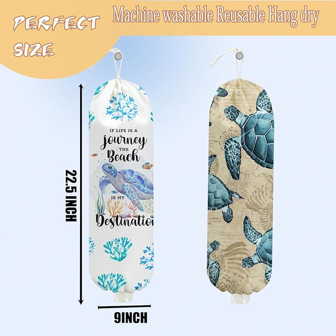 2PCS Sea Turtle Plastic Bag Holder, Wall Mount Grocery Bag Holder for Plastic Storage bag, Ocean Theme Storage Organizer Reusable Grocery Bags Kitchen Dispenser, Turtle Gifts for Women Mom Grandma