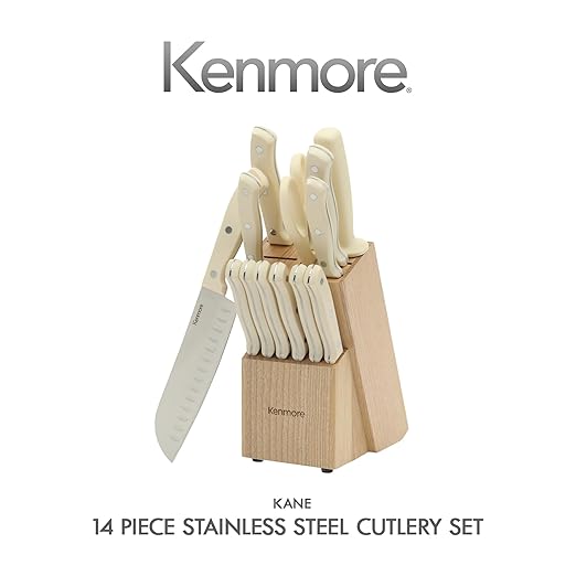 Kenmore Kane 14-Piece Stainless Steel Kitchen Knife Block Set – Triple Rivet ABS Handles, Cream White – Chef, Bread, Utility, Paring, Steak Knives & Kitchen Shears in Wood Storage Block