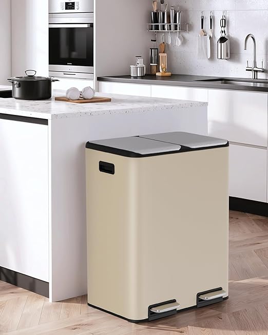 Arlopu 16Gal Dual Trash Can w/2 Built-in Box for Odor Control, Hands-Free Kitchen Garbage Bin, Recycle Waste Dustbin, Soft-Close Lid, 2 Buckets,Foot Pedal, Side Handle, Airtight,for Home (Brown)
