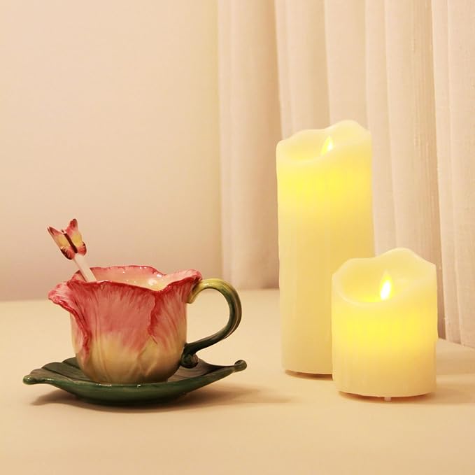Ceramic Tea Cup and Saucer Set ，6OZ 3D Hand-Painted Flower Coffee Mug，Gift for Women -Pink Tulip