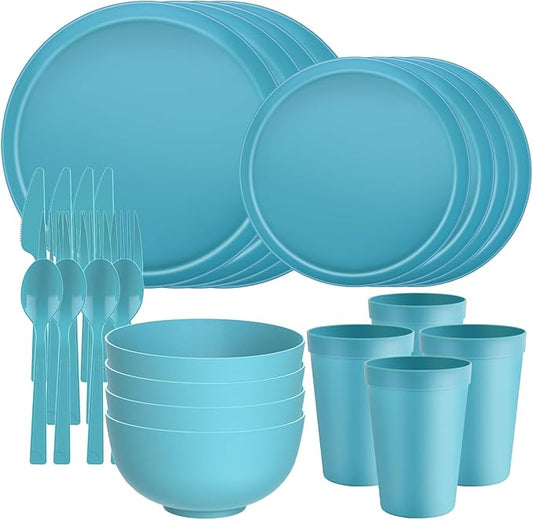 20 Piece RV & Camping Dinnerware Set, Elegant Ceramic-Look Large Bowls & Plates, Unbreakable & 100% Microwave Safe, Melamine Alternative Service for 4, Blue