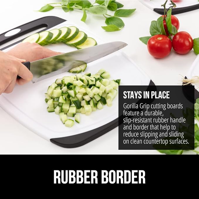 GORILLA GRIP BPA-Free Reversible Kitchen Cutting Board Set of 3, US Designed, Nonporous, Juice Grooves Catch Liquid, Slip Resistant Border, Durable Food Chopping Boards, Holiday Prep Essentials, Black