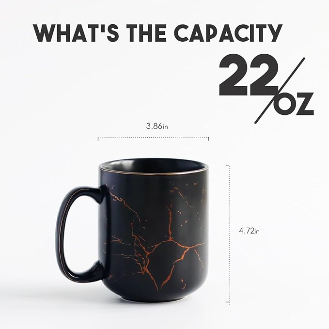 harebe 22 OZ Ceramic Extra Large Black Gold Marble Coffee Mug, Oversized Hot Tall Latte Mugs, Big Giant Cup for Men