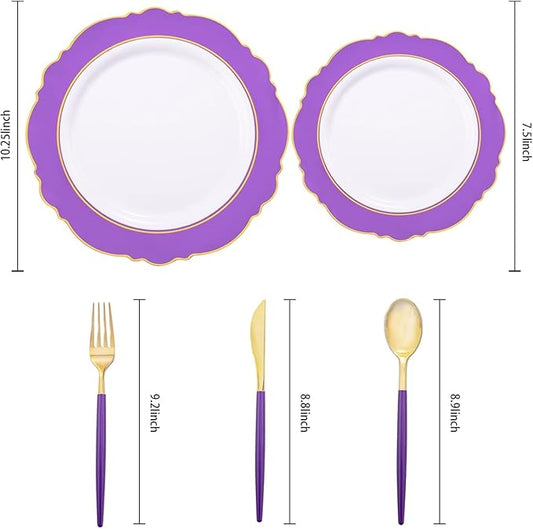 WDF 30Guest Purple Plastic Plates with Gold Rim & Disposable Gold Plastic Silverware With Purple Handle - Baroque Party Plates Mardi Gras Plate for Birthday Parties/Wedding