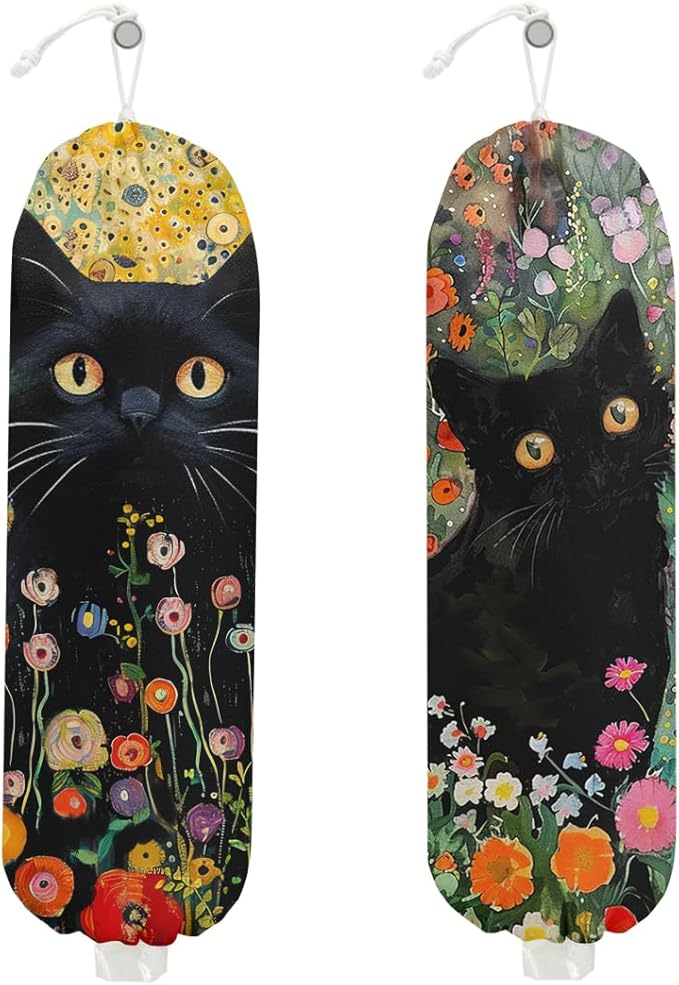 2PCS Cat Plastic Bag Holder, Wall Mount Grocery Bag Holder for Plastic Storage bag, Storage Organizer Reusable Grocery Bags, Pull Rope Free Adjustment, Cat Lover Gifts for Women Mom Sister