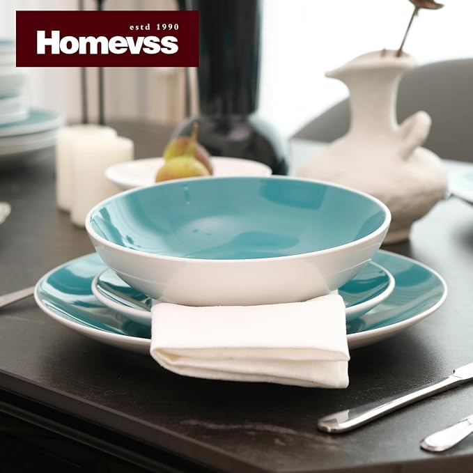 Stoneware Coupe Shape 18pc Dinnerware Set, Outside White + Inside Turquoise