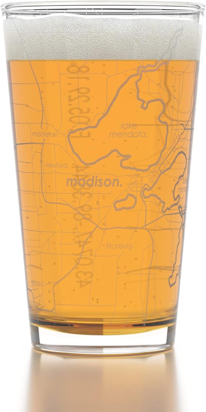 Well Told Engraved Madison Wisconsin Map Pint Glass, Etched Beer Gift (16 oz, Clear) City Map Pint, Custom City Glassware, Gifts For Beer Lovers