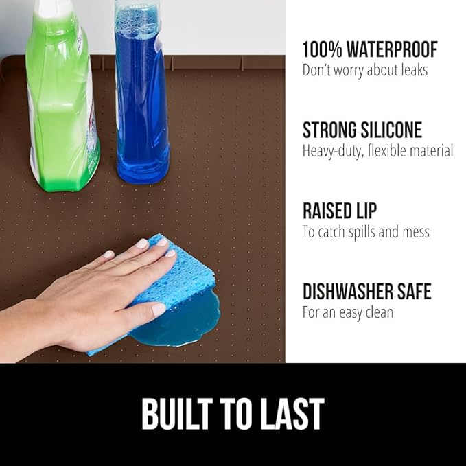 GORILLA GRIP Waterproof Silicone Under Sink Mat with Raised Lip for Kitchen and Bathroom, 46 x 22 in, Cabinet Shelf Liner Stay in Place Mats Dishwasher Safe Drawer Liner, Organizer Tray, Coffee
