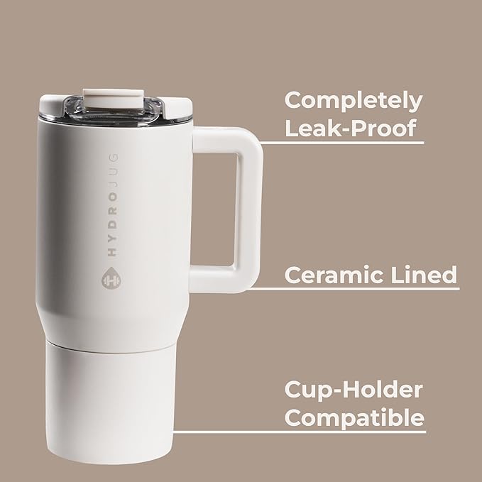 HydroJug Coffee Traveler 20 oz - Leak-Resistant, Ceramic-Lined Insulated Travel Coffee Mug for Hot or Cold Drinks with Flip Lid & Handle, Dishwasher Safe Coffee Tumbler, Linen