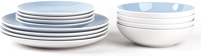 Stoneware Coupe Shape 12pc Dinnerware Set, Outside White + Inside Blue