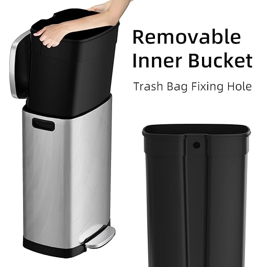 KUK 13 Gallon/50L Stainless Steel Kitchen Trash Can with Lid and Step Pedal-Large Capacity Garbage Bin with Odor Seal, Silent Close Lid, Removable Inner Bucket for Home, Kitchen, Bedroom, Office