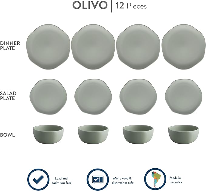 Corona Olivo ceramic dinnerware Set 12–piece, Plates and Bowls, Sets for 4, organic shape, light green.