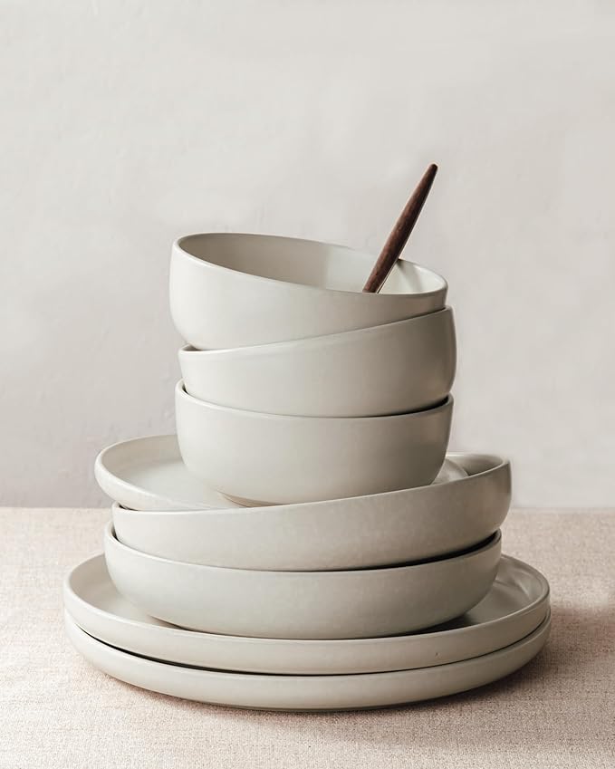 Famiware Milkyway Stoneware Dinnerware Sets with Pasta Bowls, Service for 6 (24 Pieces), Reactive Glaze Plates and Bowls Sets, Microwave and Dishwasher Safe Dishes Set, Matte Beige White