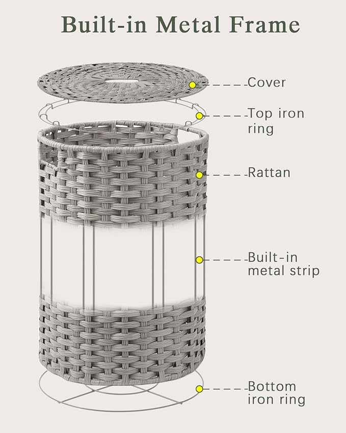 Large Laundry Hamper Laundry Basket Round 34.3 Gal (130 L) Handwoven Wicker Laundry Baskets Rattan Laundry Basket with Laundry Bag Handles 2 Mesh Bags for Living Room Bedroom Gray