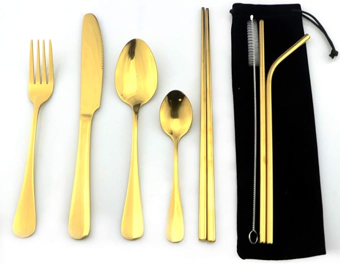 Gugrida Gold Reusable Utensils with Case, Healthy & Eco-Friendly 8 Pieces Portable Stainless Steel Flatware Tableware Dinnerware Set, Portable Travel Camping Cutlery Knife Fork Spoon Straws Set