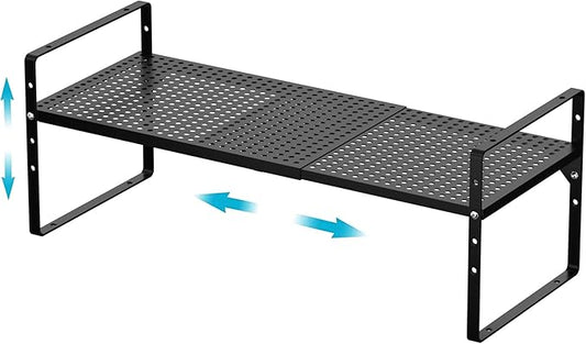 iPEGTOP Large Expandable Cabinet Storage Shelf Organizer Rack, Heavy Duty Stackable Steel Metal Spice Rack Adjustable Height Office Pantry Garage Shelves for Counter Kitchen, Black - 1 Pack