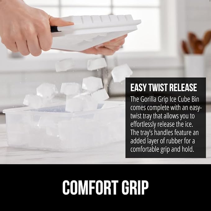 GORILLA GRIP BPA-Free Easy Release Stackable Ice Cube Tray for Freezer, Set Makes 56 Cubes for Cocktails, Coffee, Bucket Kit Includes 2 Leakproof Trays with Lid and Scooper, Holiday Hosting, Black
