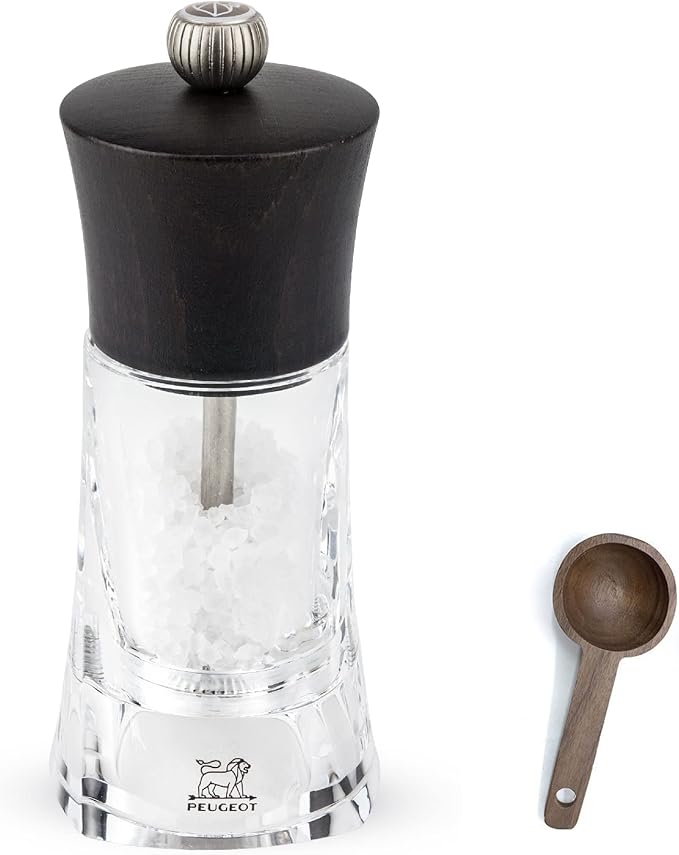 Peugeot - Oleron Manual Mill - Transparent Adjustable Grinder - Acrylic and Beechwood, Chocolate, 5.5 Inches - With Wooden Spice Scoop Spoon (Salt Mill)