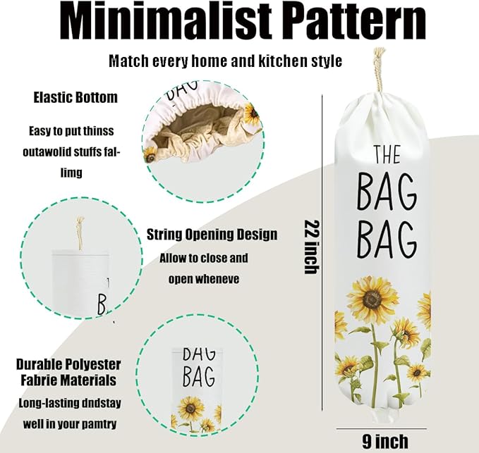 Sunflower Plastic Bag Holder for Kitchen Essentials, Wall Mount Grocery Bag Holder for Plastic Bags, Floral Reusable Grocery Bags Storage Dispenser for Home Kitchen Decor, Sunflower Gifts for Women