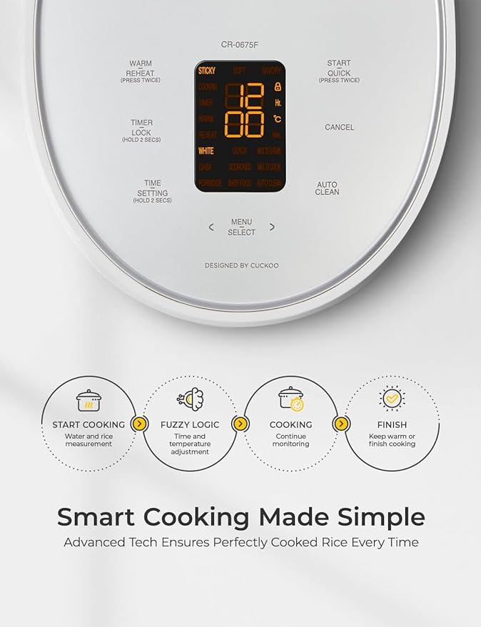 CUCKOO Micom Rice Cooker 6-Cup Uncooked / 12-Cup Cooked with Nonstick Inner Pot, Versatile Rice Maker with 9 Menu Options, Fuzzy Logic Technology, Auto Clean, Quick Rice Mode, White (CR-0675FW)
