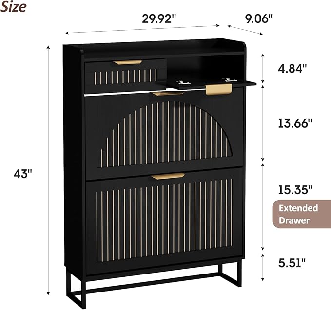 Fluted Shoe Cabinet Storage for Entryway – Narrow Shoe Rack with 2 Flip Drawers & 2 Storage Drawers, Freestanding Hidden Shoe Organizer for Foyer, Hallway (Black)