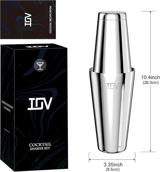IOV Boston Cocktail Shaker Set, 18oz & 28oz Stainless Steel Weighted Shaker Tins, Metal Martini Drink Mixer for Bartending, Professional Bar Tools with Cocktail Recipe Guide