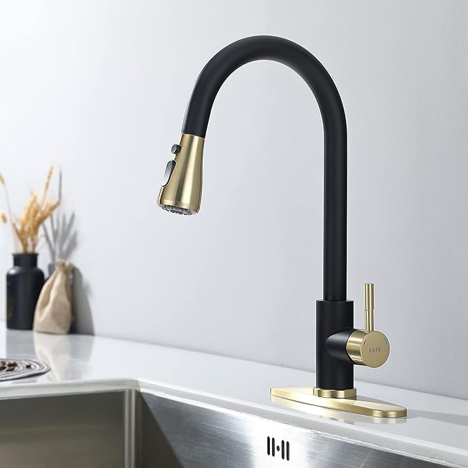 Keer Matte Black Single Handle Pull Down Kitchen Faucet with Soap Dispenser, 3 Modes Sprayer, Easy Assembly, Single Handle High Arc Stainless Steel Faucet