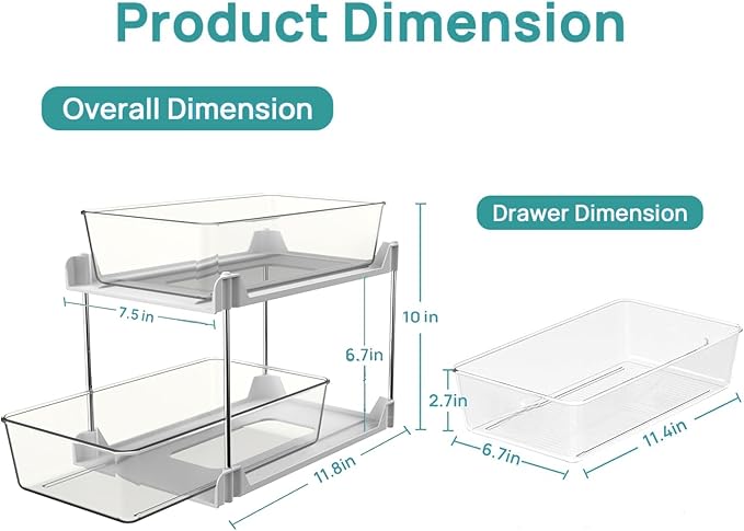 2 Pack Bathroom Organizers and Storage,2-Tier Clear Under Sink and Pull-Out Cabinet Organizer with Track for Kitchen, Pantry,Vanity Countertop,Medicine Cabinet,Closet Drawer Bins (White)