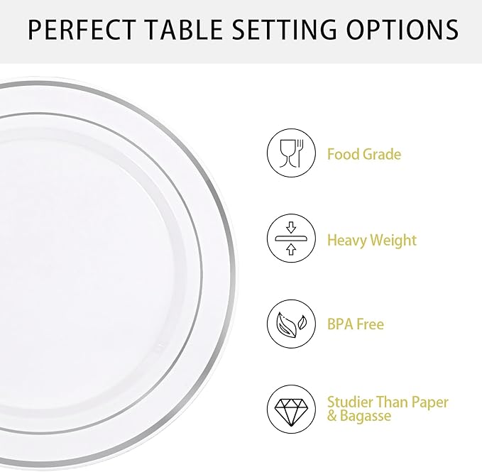 Supernal 102pcs White and Silver Plastic Plates Disaposable Party Plates White Silver Rim Heavy Duty Fancy Silver Plastic Dinnerware Set included 51 Dinner & Dessert Plates for Birthday and Wedding